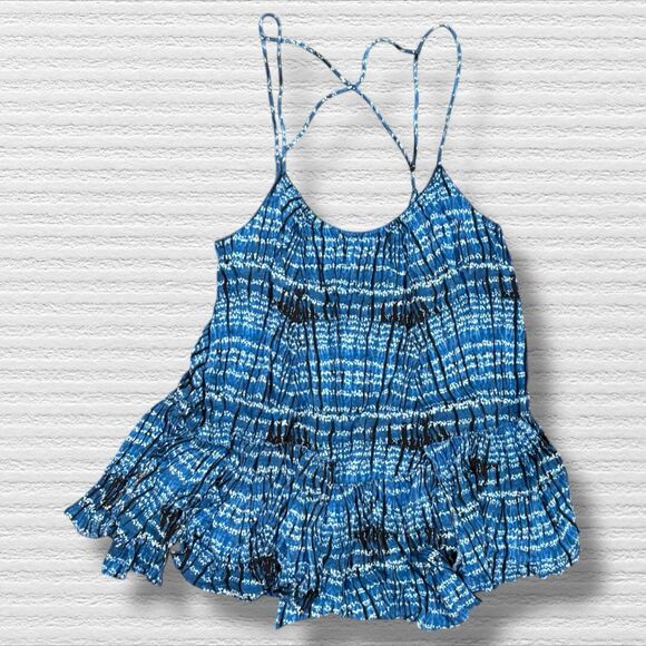Free People Nicest Sierra Blue Criss Cross Smocked Tank Top L - Picture 2 of 5